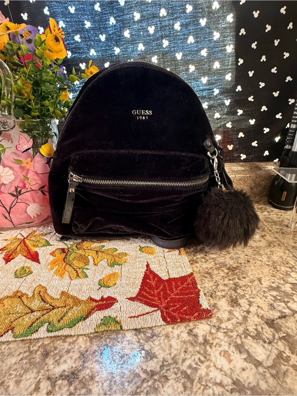 GUESS Black Velvet Mini Backpack with Pom Charm